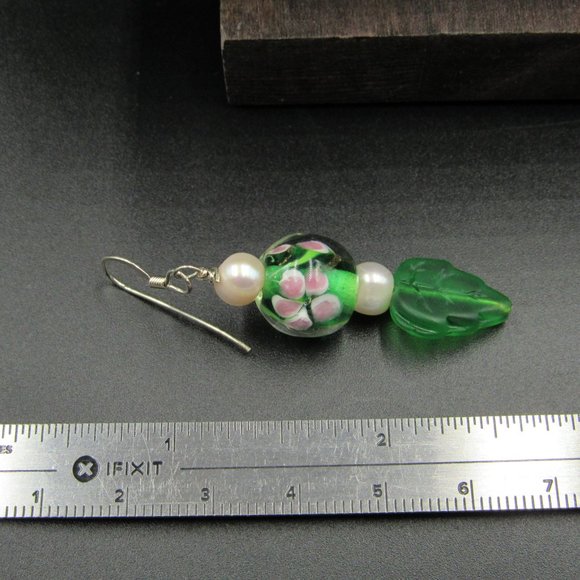 Sterling Silver Glass Floral Leaf Pearl Earrings - Picture 4 of 5